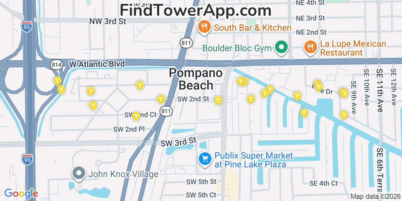 Map showing the 20 primary cell tower locations detected in Pompano Beach, Florida from AT&T, Verizon, and T-Mobile networks