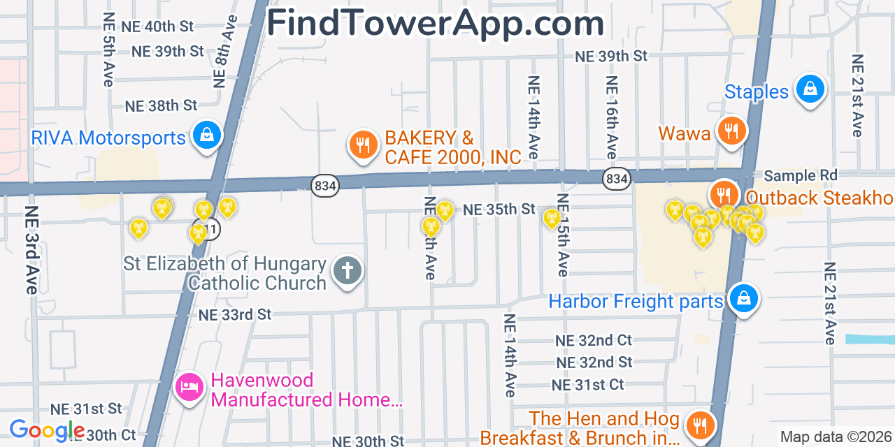 Map showing the 20 primary cell tower locations detected in Pompano Beach Highlands, Florida from AT&T, Verizon, and T-Mobile networks