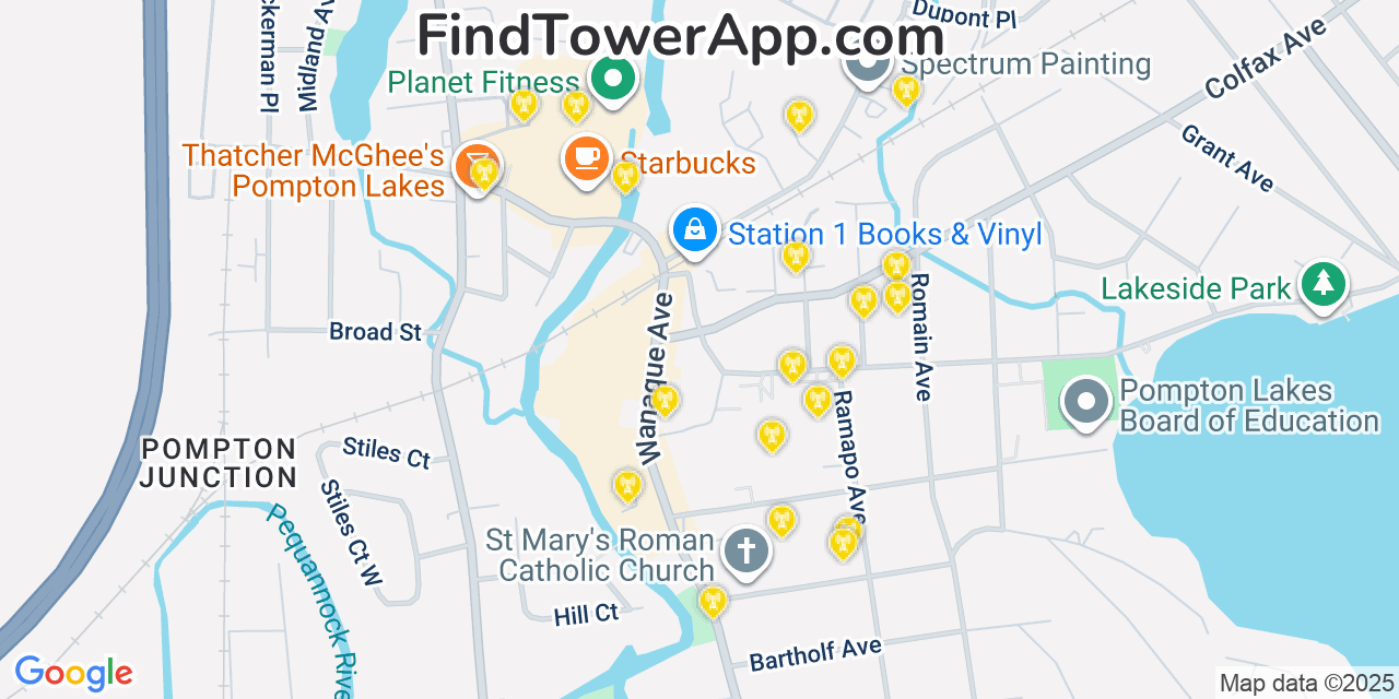 Map showing the 20 primary cell tower locations detected in Pompton Lakes, New Jersey from AT&T, Verizon, and T-Mobile networks