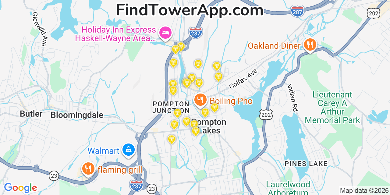 Map showing the 20 primary cell tower locations detected in Pompton Lakes, New Jersey from AT&T, Verizon, and T-Mobile networks