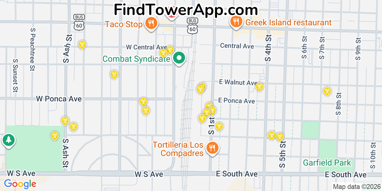 Map showing the 20 primary cell tower locations detected in Ponca City, Oklahoma from AT&T, Verizon, and T-Mobile networks