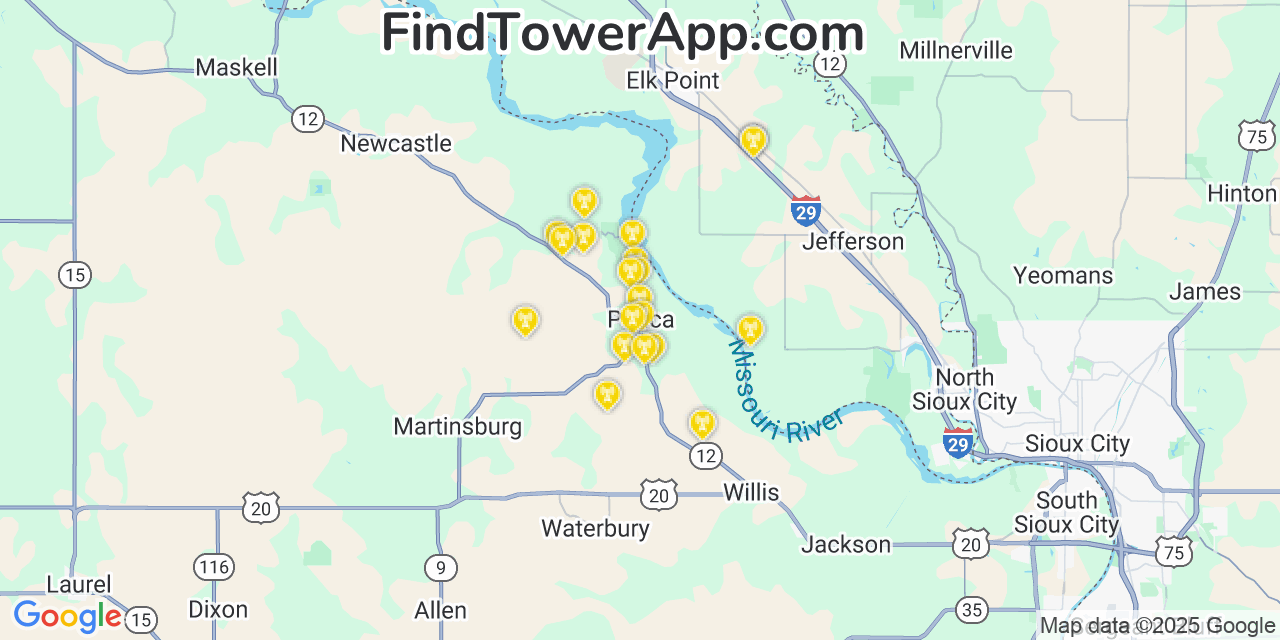 Map showing the 20 primary cell tower locations detected in Ponca, Nebraska from AT&T, Verizon, and T-Mobile networks