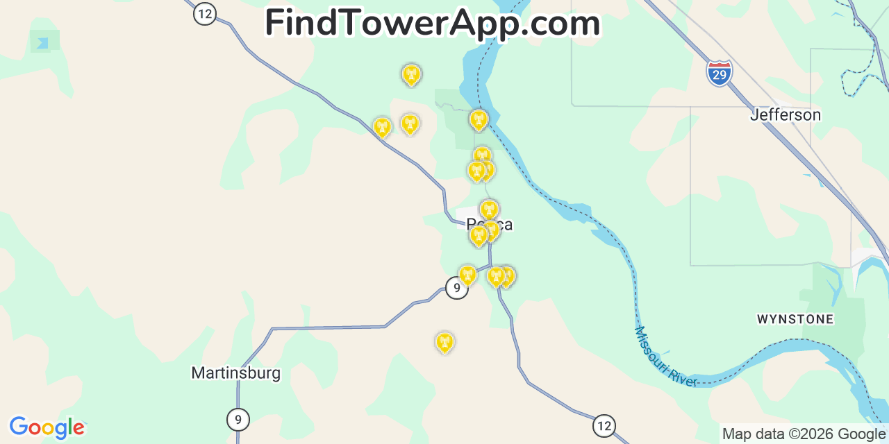 Map showing the 20 primary cell tower locations detected in Ponca, Nebraska from AT&T, Verizon, and T-Mobile networks