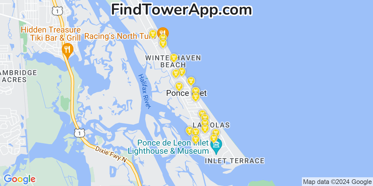 AT&T 4G/5G cell tower coverage map Ponce Inlet, Florida