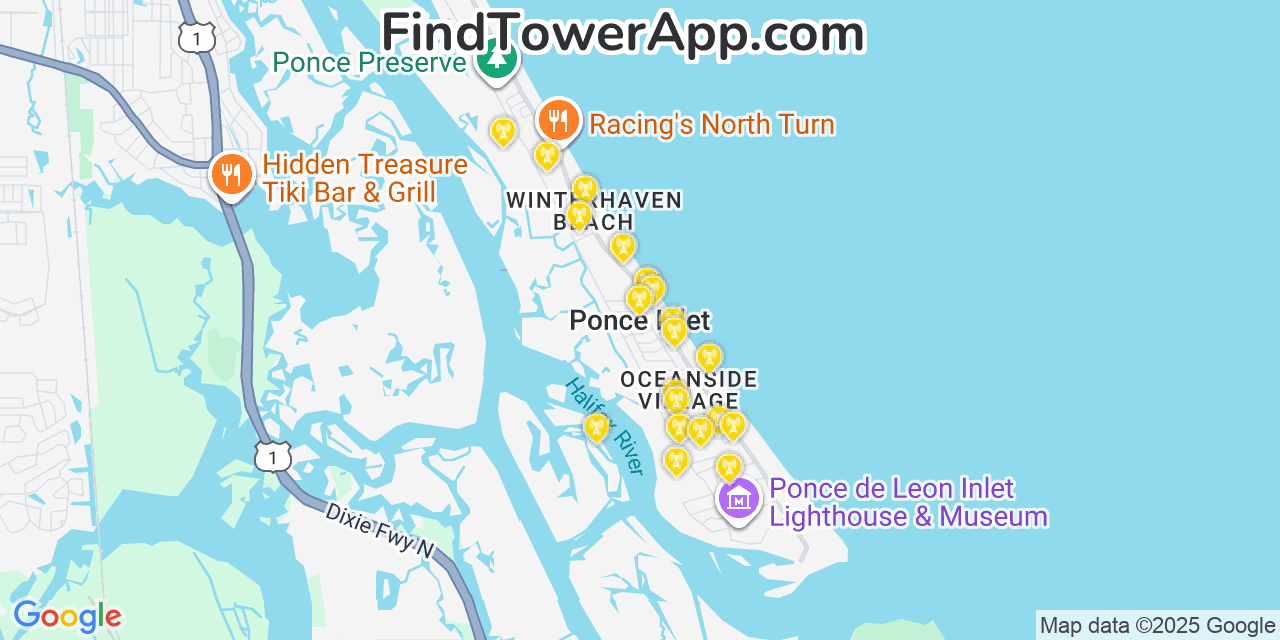 Map showing the 20 primary cell tower locations detected in Ponce Inlet, Florida from AT&T, Verizon, and T-Mobile networks