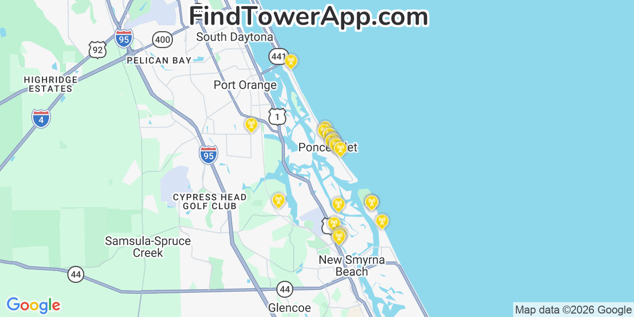 Map showing the 20 primary cell tower locations detected in Ponce Inlet, Florida from AT&T, Verizon, and T-Mobile networks