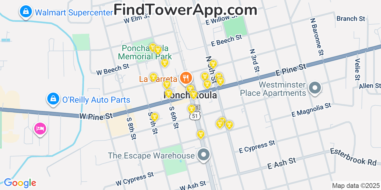 Map showing the 20 primary cell tower locations detected in Ponchatoula, Louisiana from AT&T, Verizon, and T-Mobile networks