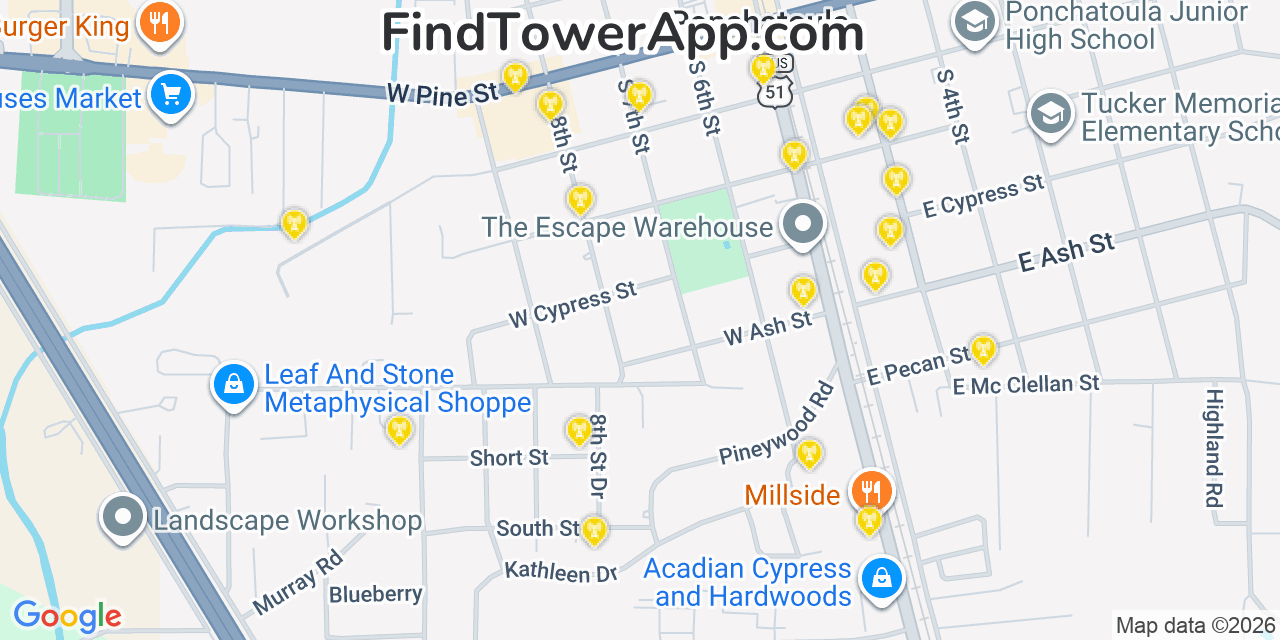 Map showing the 20 primary cell tower locations detected in Ponchatoula, Louisiana from AT&T, Verizon, and T-Mobile networks