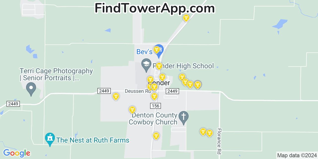 AT&T 4G/5G cell tower coverage map Ponder, Texas