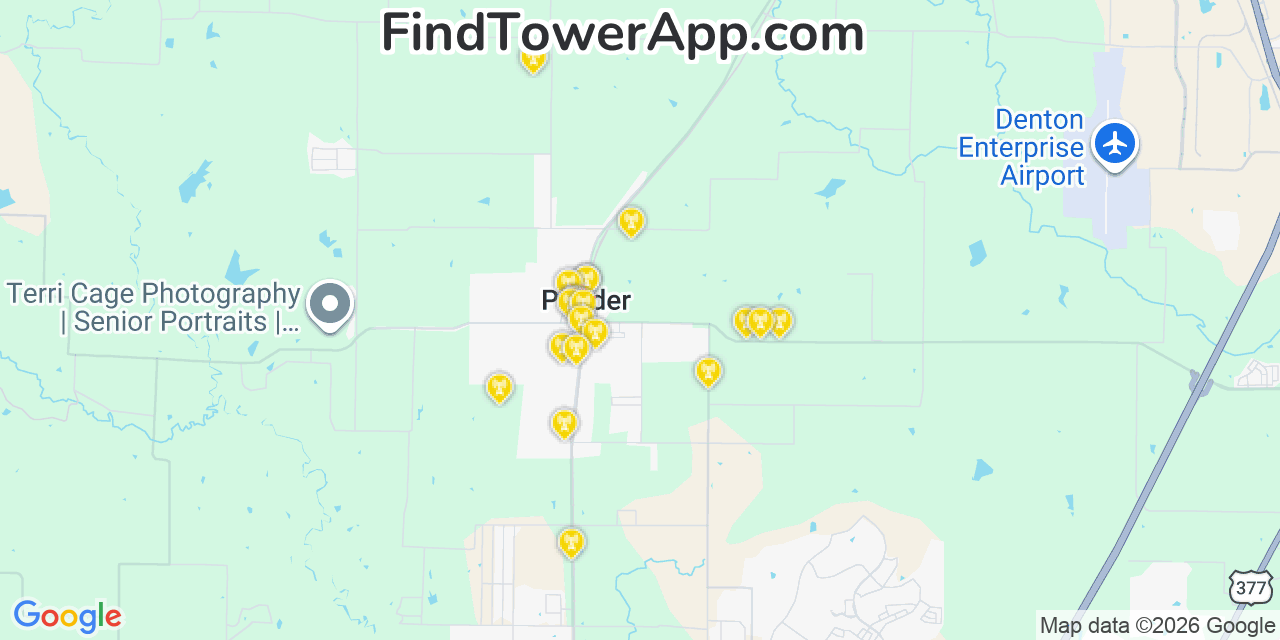 Map showing the 20 primary cell tower locations detected in Ponder, Texas from AT&T, Verizon, and T-Mobile networks