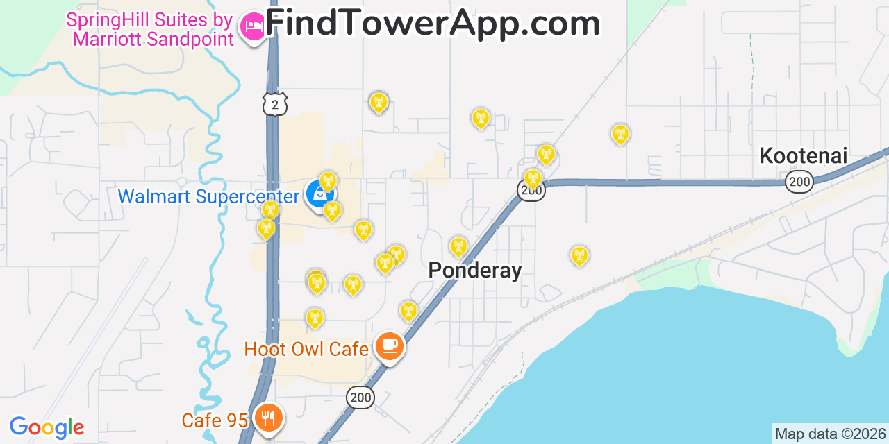 Map showing the 20 primary cell tower locations detected in Ponderay, Idaho from AT&T, Verizon, and T-Mobile networks