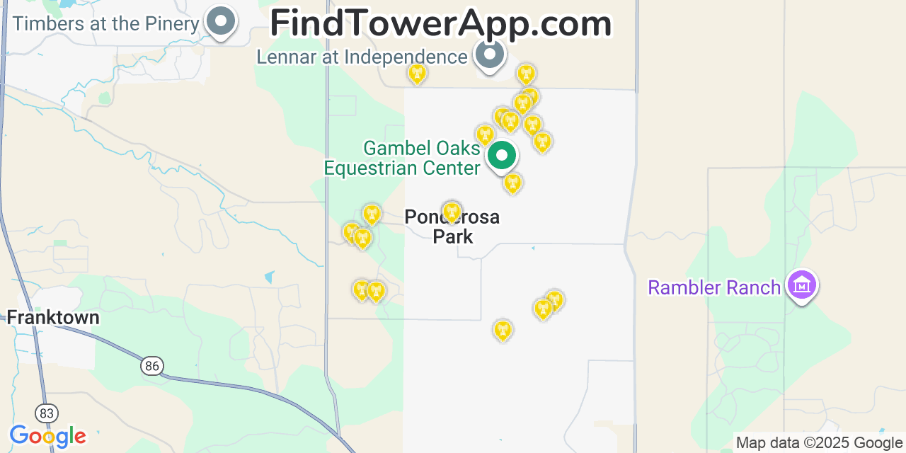 Map showing the 20 primary cell tower locations detected in Ponderosa Park, Colorado from AT&T, Verizon, and T-Mobile networks