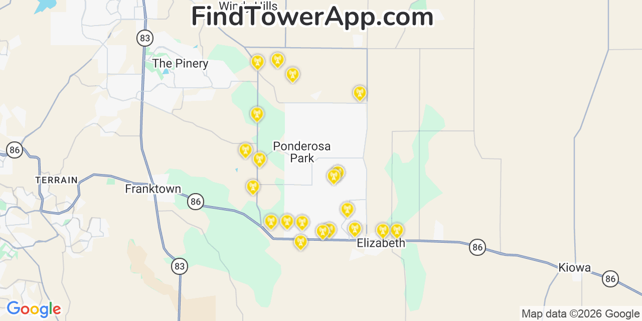Map showing the 20 primary cell tower locations detected in Ponderosa Park, Colorado from AT&T, Verizon, and T-Mobile networks