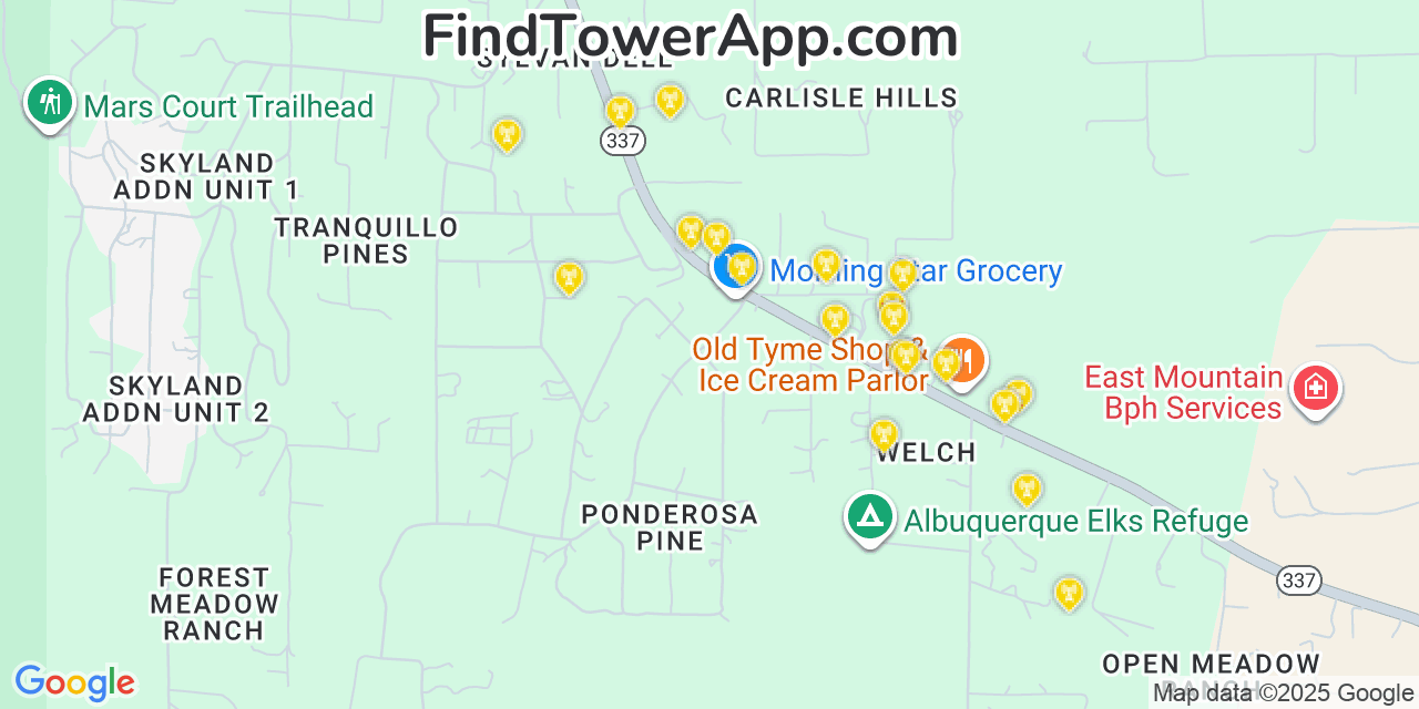 Map showing the 20 primary cell tower locations detected in Ponderosa Pine, New Mexico from AT&T, Verizon, and T-Mobile networks