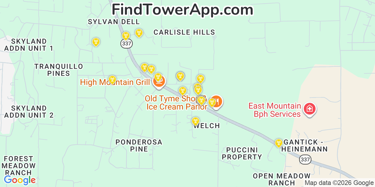Map showing the 20 primary cell tower locations detected in Ponderosa Pine, New Mexico from AT&T, Verizon, and T-Mobile networks