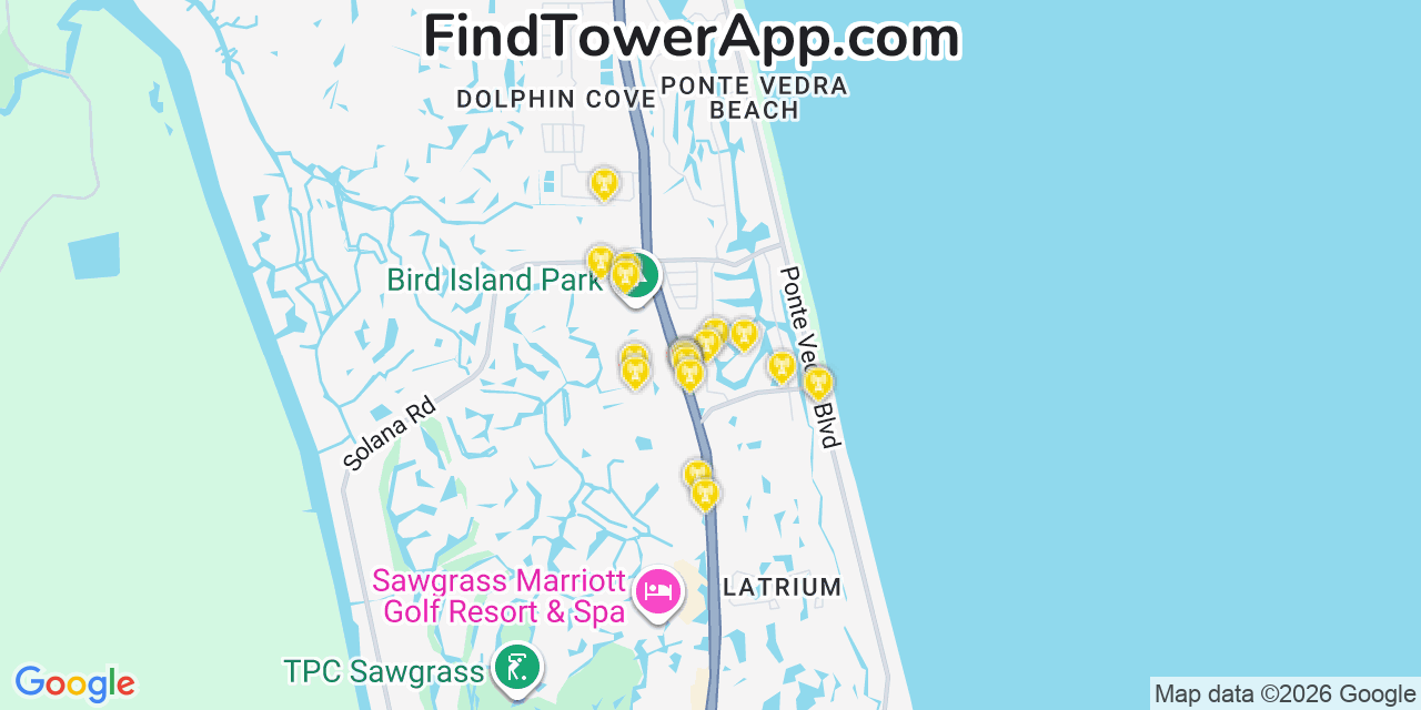 Map showing the 20 primary cell tower locations detected in Ponte Vedra Beach, Florida from AT&T, Verizon, and T-Mobile networks
