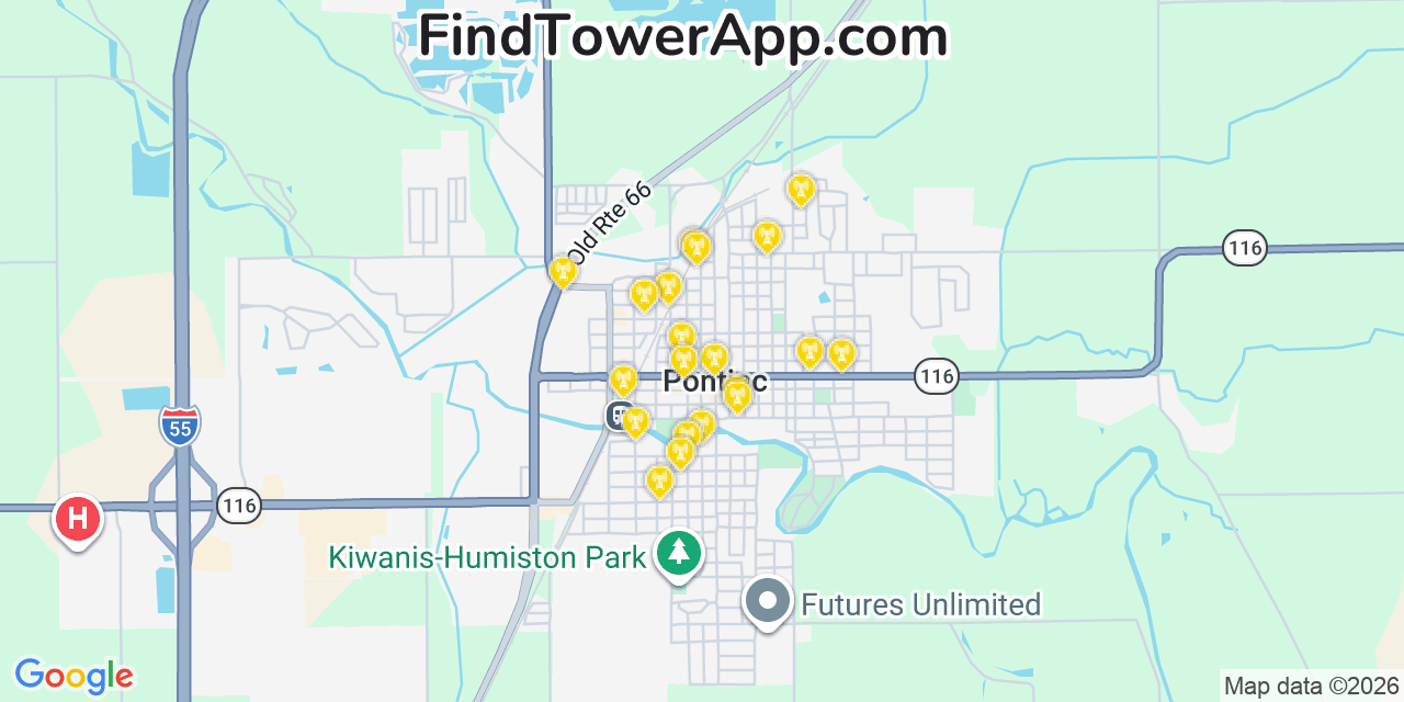 Map showing the 20 primary cell tower locations detected in Pontiac, Illinois from AT&T, Verizon, and T-Mobile networks