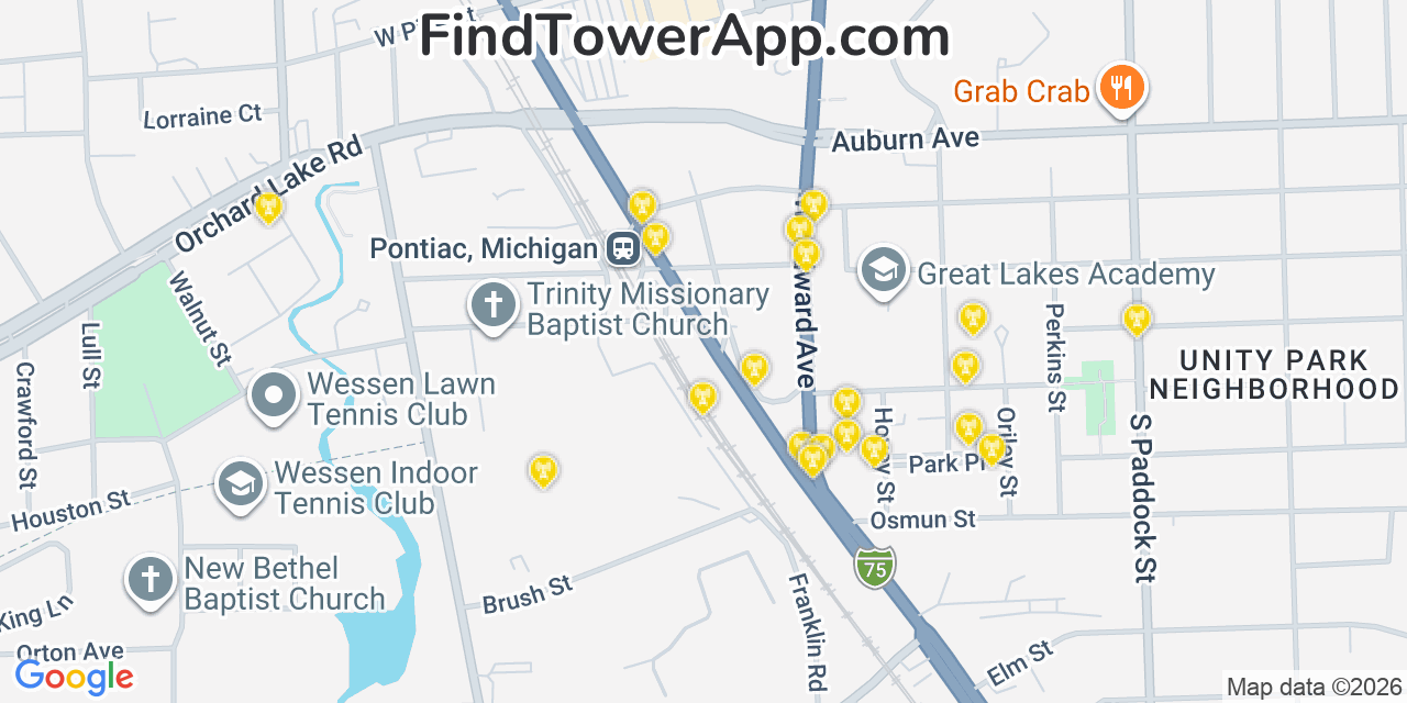 Map showing the 20 primary cell tower locations detected in Pontiac, Michigan from AT&T, Verizon, and T-Mobile networks