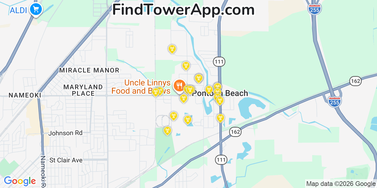 Map showing the 20 primary cell tower locations detected in Pontoon Beach, Illinois from AT&T, Verizon, and T-Mobile networks