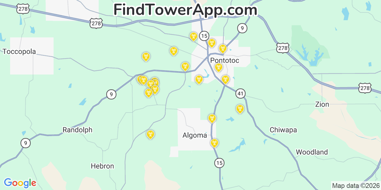 Map showing the 20 primary cell tower locations detected in Pontotoc, Mississippi from AT&T, Verizon, and T-Mobile networks