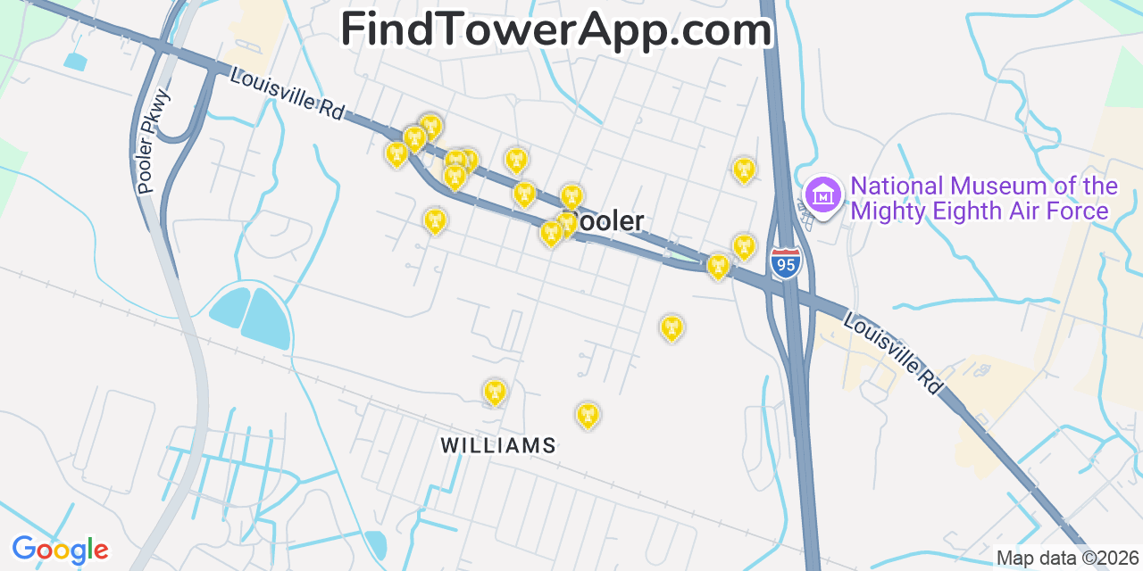 Map showing the 20 primary cell tower locations detected in Pooler, Georgia from AT&T, Verizon, and T-Mobile networks