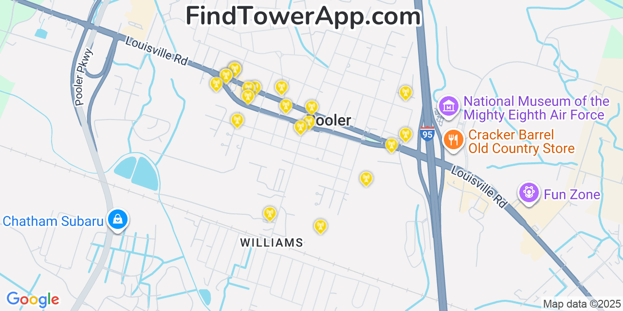 Map showing the 20 primary Mobitel cell tower locations detected in Pooler, Georgia with coverage radius and signal strength indicators
