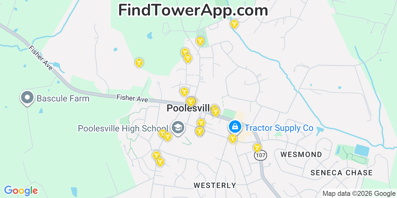 Map showing the 20 primary cell tower locations detected in Poolesville, Maryland from AT&T, Verizon, and T-Mobile networks