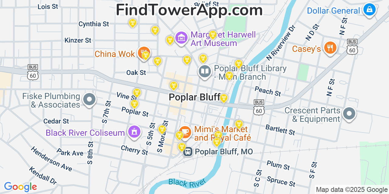 Map showing the 20 primary cell tower locations detected in Poplar Bluff, Missouri from AT&T, Verizon, and T-Mobile networks