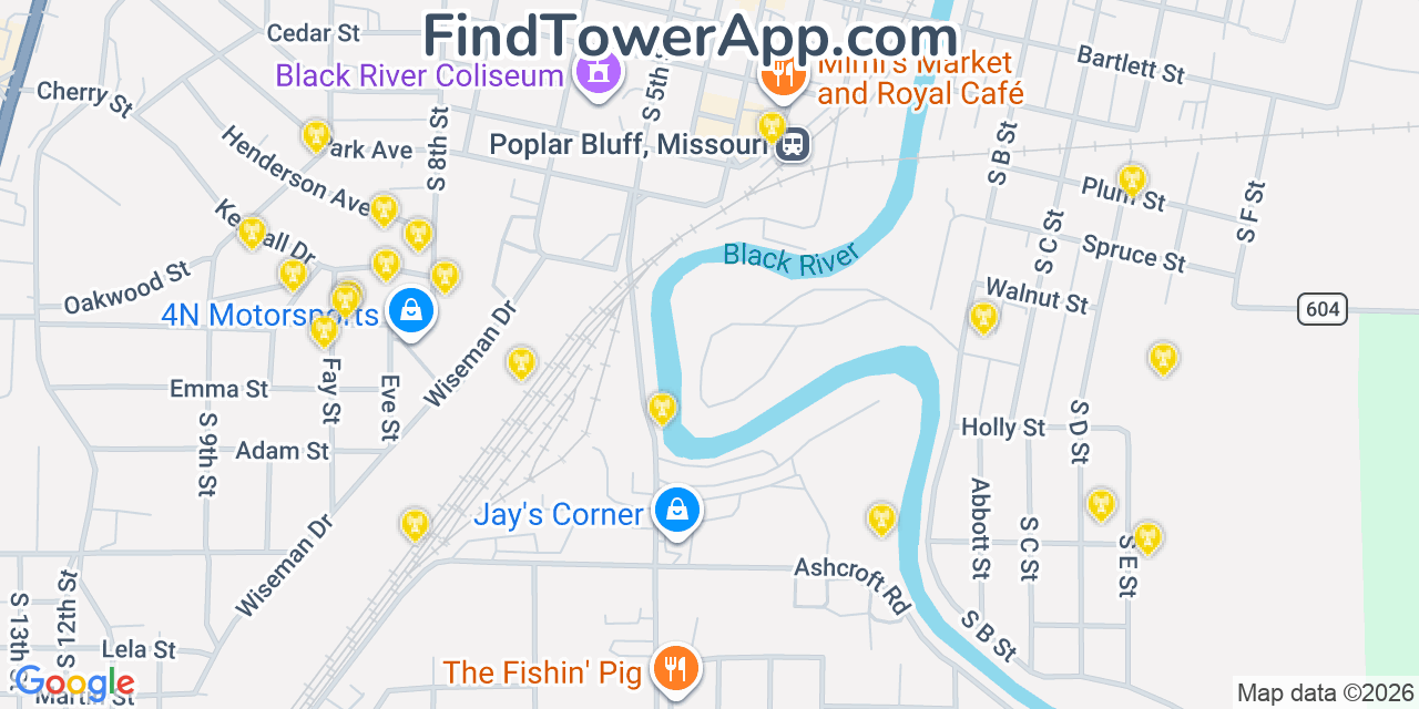 Map showing the 20 primary cell tower locations detected in Poplar Bluff, Missouri from AT&T, Verizon, and T-Mobile networks