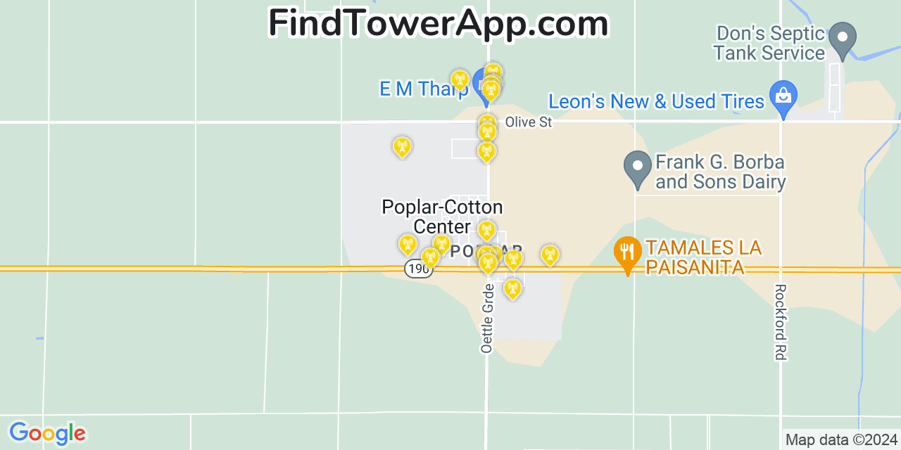 AT&T 4G/5G cell tower coverage map Poplar Cotton Center, California