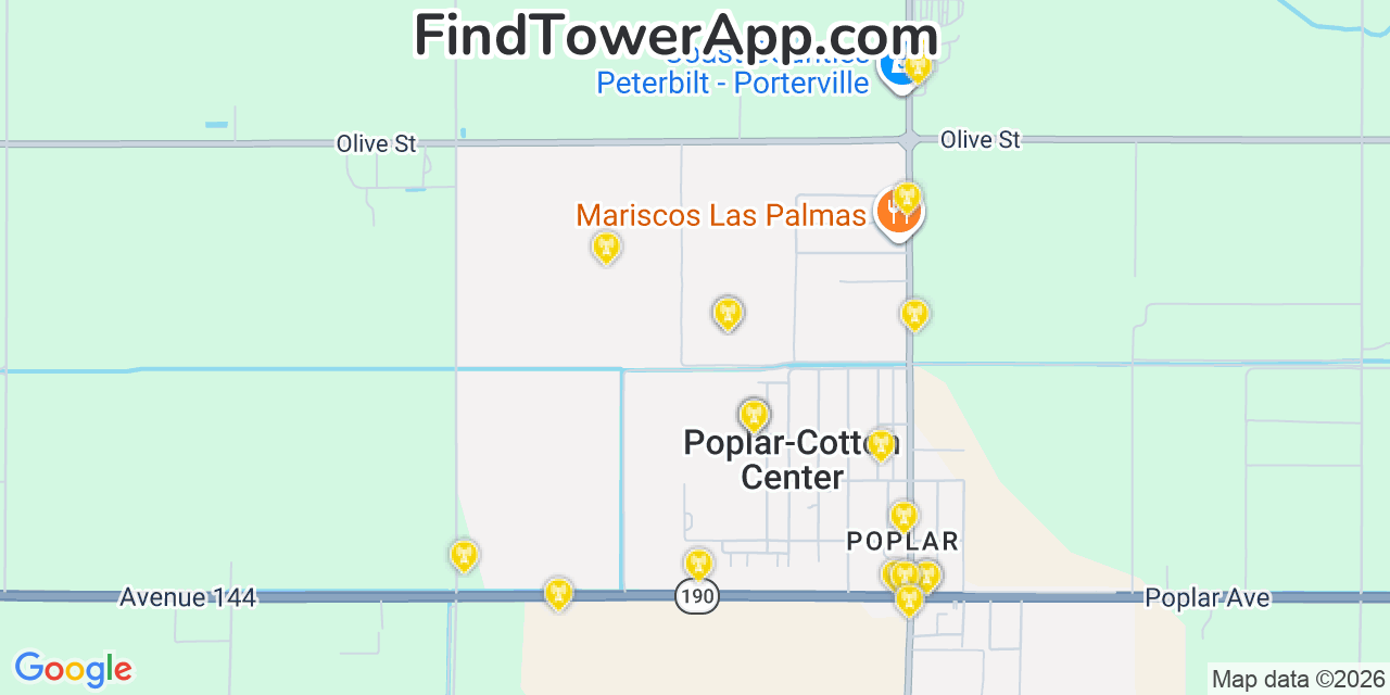 Map showing the 20 primary cell tower locations detected in Poplar Cotton Center, California from AT&T, Verizon, and T-Mobile networks