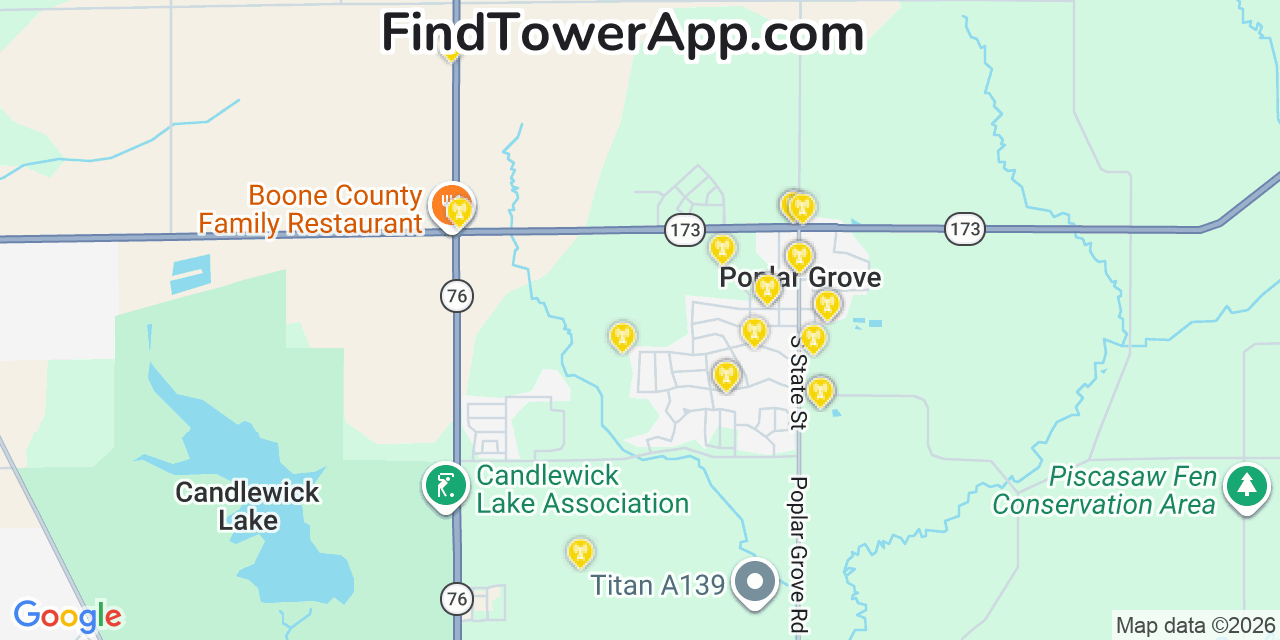 Map showing the 20 primary cell tower locations detected in Poplar Grove, Illinois from AT&T, Verizon, and T-Mobile networks