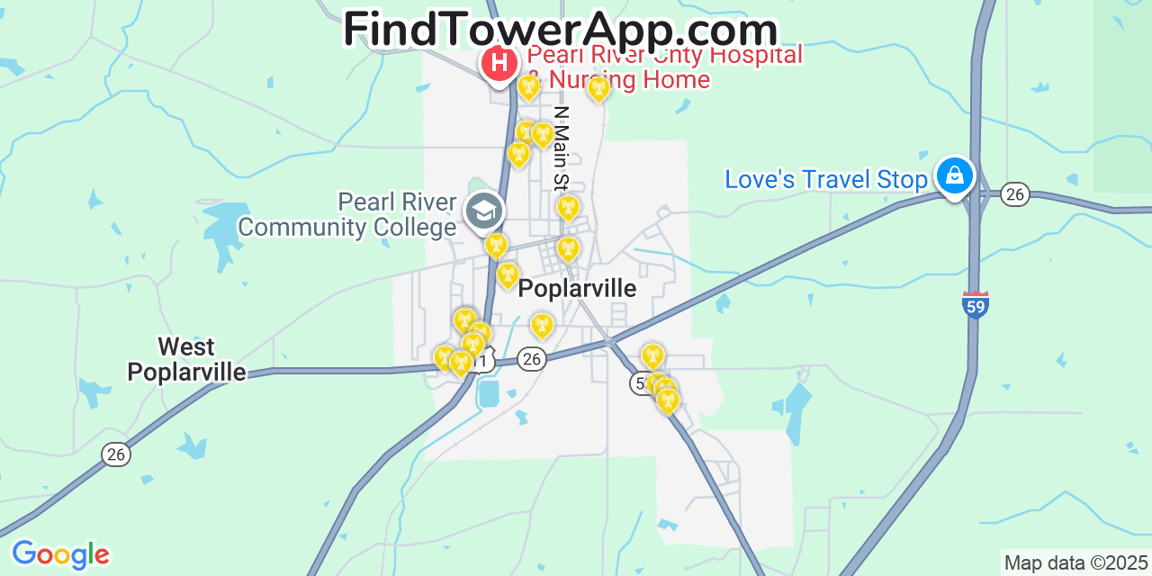 Map showing the 20 primary cell tower locations detected in Poplarville, Mississippi from AT&T, Verizon, and T-Mobile networks