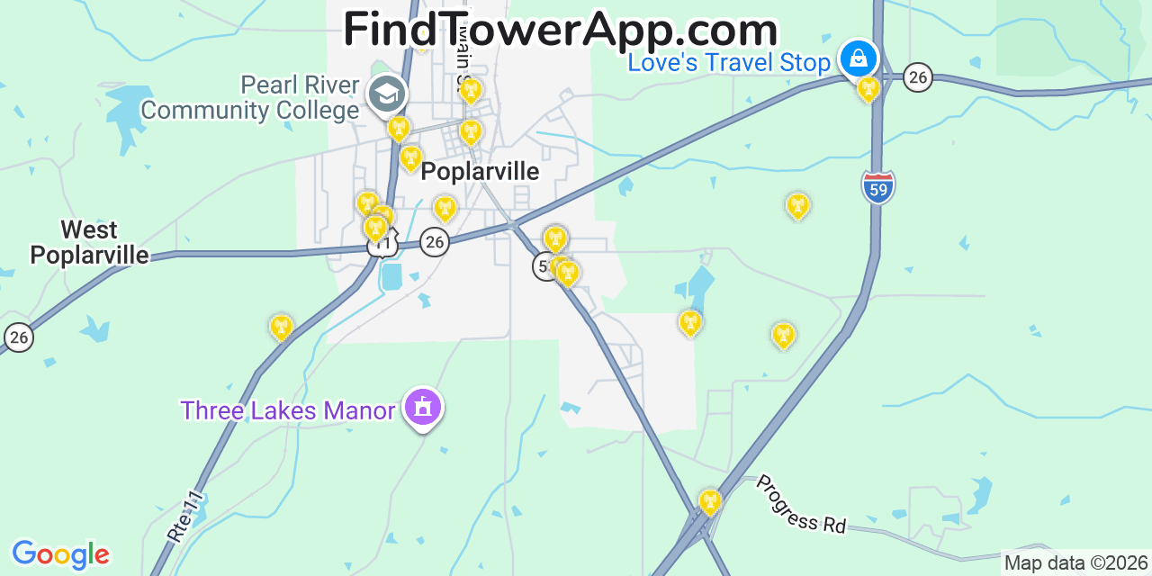 Map showing the 20 primary cell tower locations detected in Poplarville, Mississippi from AT&T, Verizon, and T-Mobile networks
