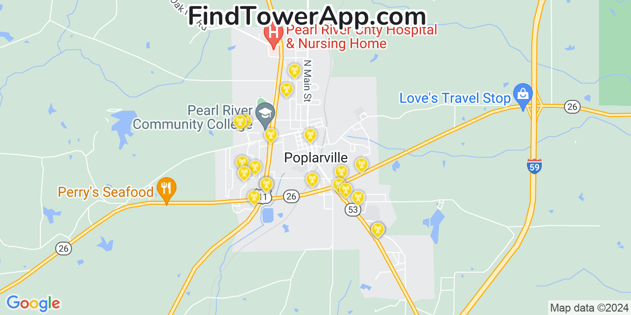 Verizon 4G/5G cell tower coverage map Poplarville, Mississippi