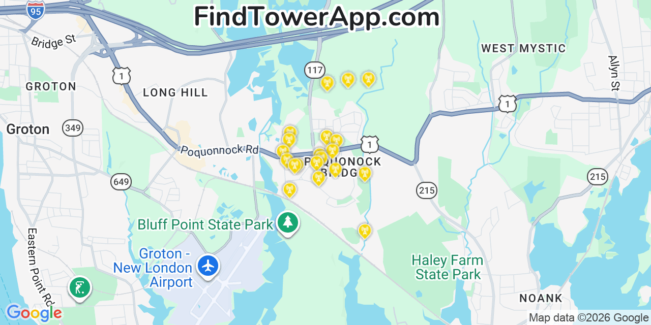 Map showing the 20 primary cell tower locations detected in Poquonock Bridge, Connecticut from AT&T, Verizon, and T-Mobile networks