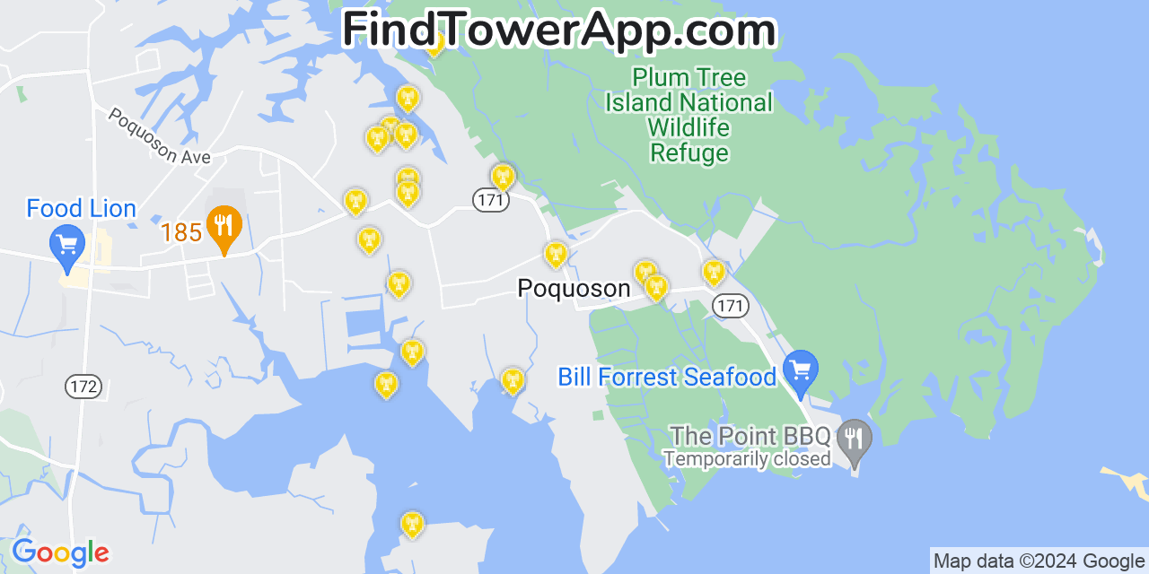 AT&T 4G/5G cell tower coverage map Poquoson, Virginia