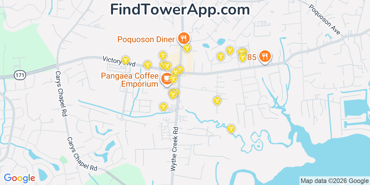 Map showing the 20 primary cell tower locations detected in Poquoson, Virginia from AT&T, Verizon, and T-Mobile networks