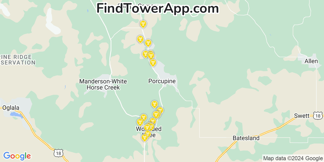 AT&T 4G/5G cell tower coverage map Porcupine, South Dakota