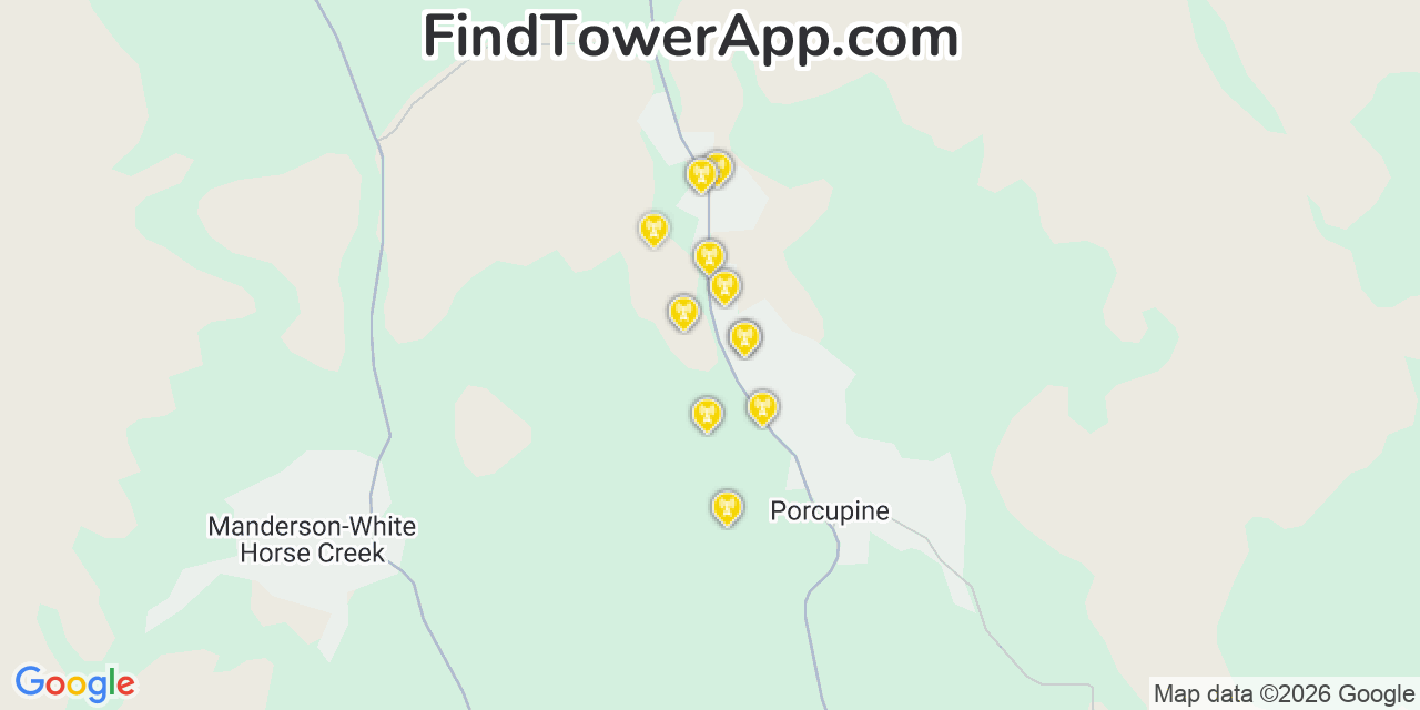 Map showing the 20 primary cell tower locations detected in Porcupine, South Dakota from AT&T, Verizon, and T-Mobile networks