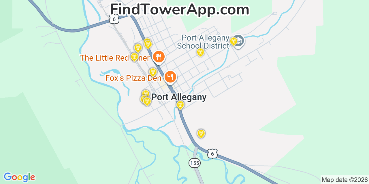 Map showing the 20 primary cell tower locations detected in Port Allegany, Pennsylvania from AT&T, Verizon, and T-Mobile networks
