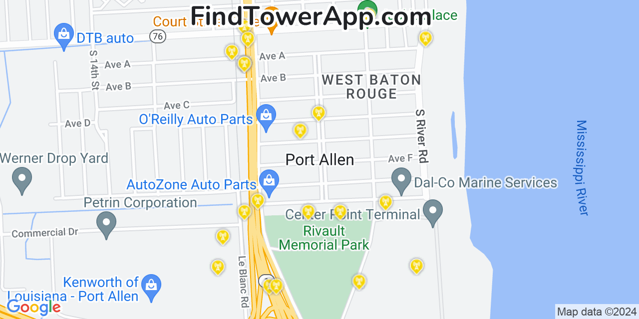 AT&T 4G/5G cell tower coverage map Port Allen, Louisiana