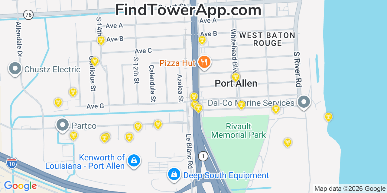 Map showing the 20 primary cell tower locations detected in Port Allen, Louisiana from AT&T, Verizon, and T-Mobile networks