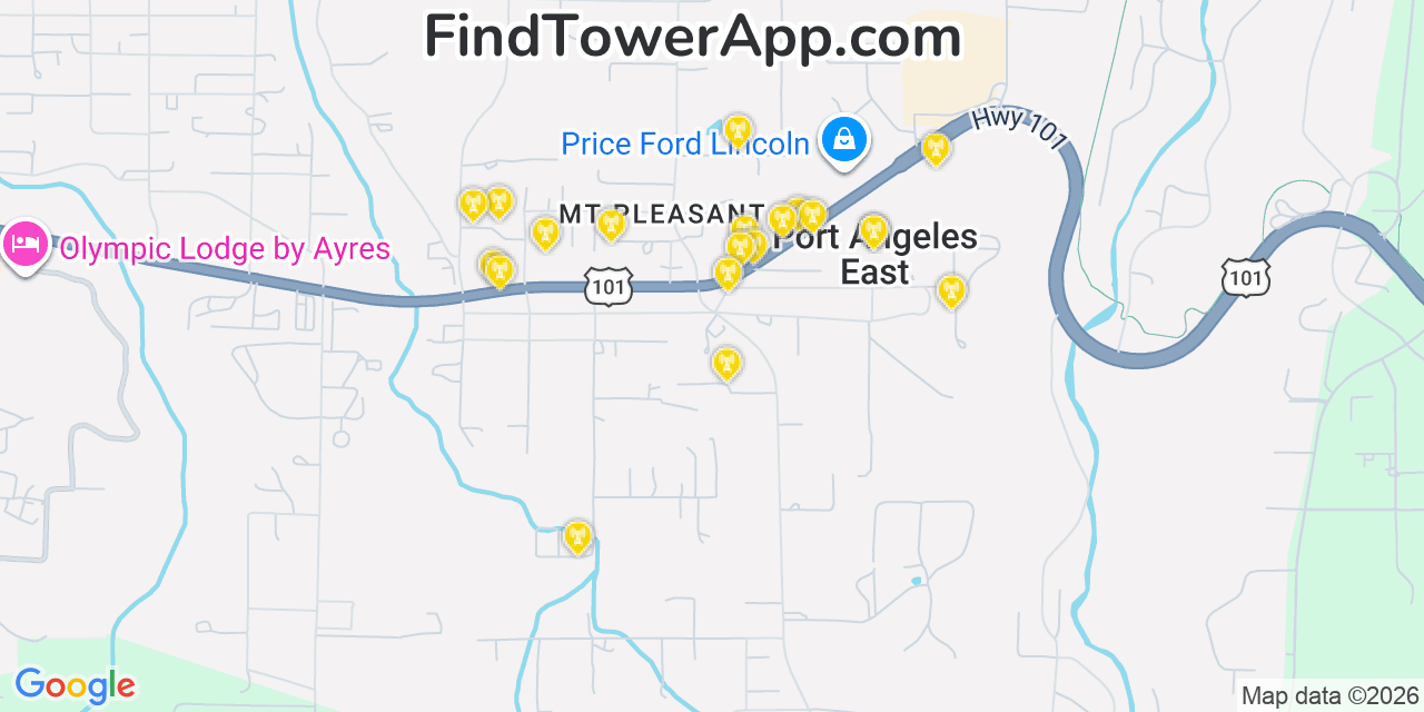 Map showing the 20 primary cell tower locations detected in Port Angeles East, Washington from AT&T, Verizon, and T-Mobile networks