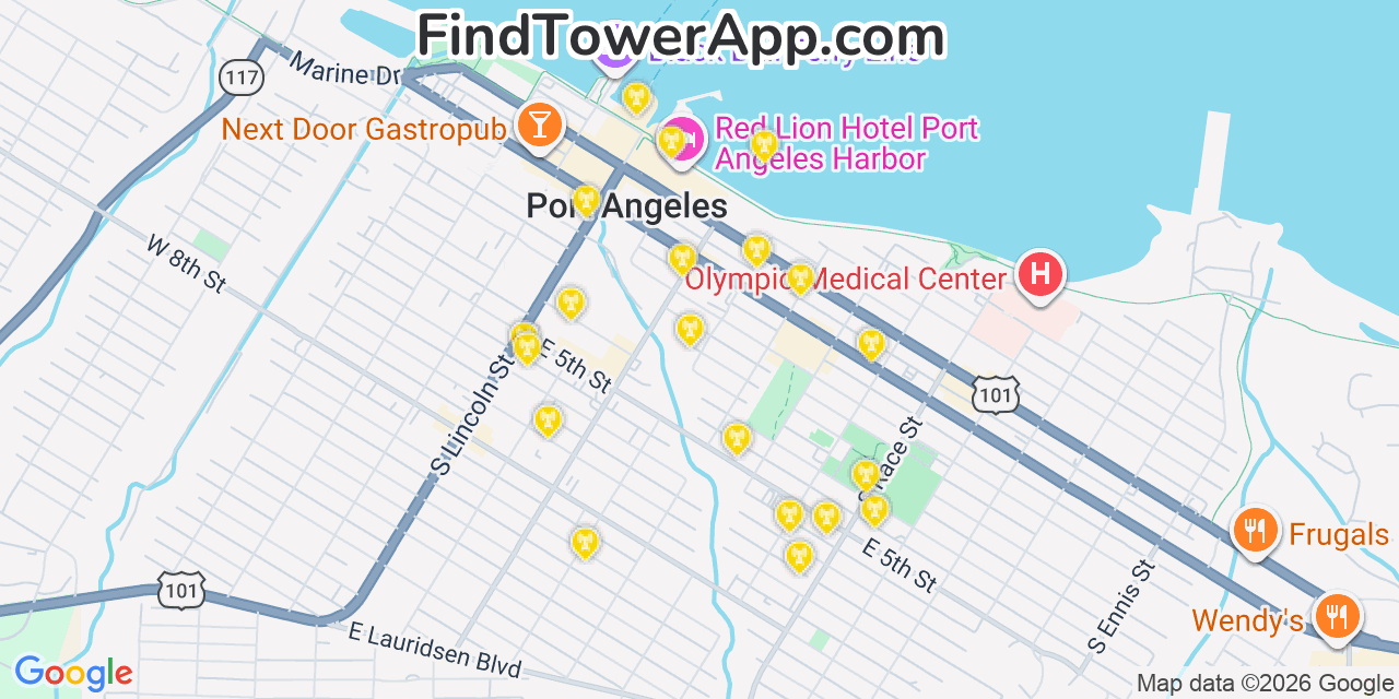 Map showing the 20 primary cell tower locations detected in Port Angeles, Washington from AT&T, Verizon, and T-Mobile networks