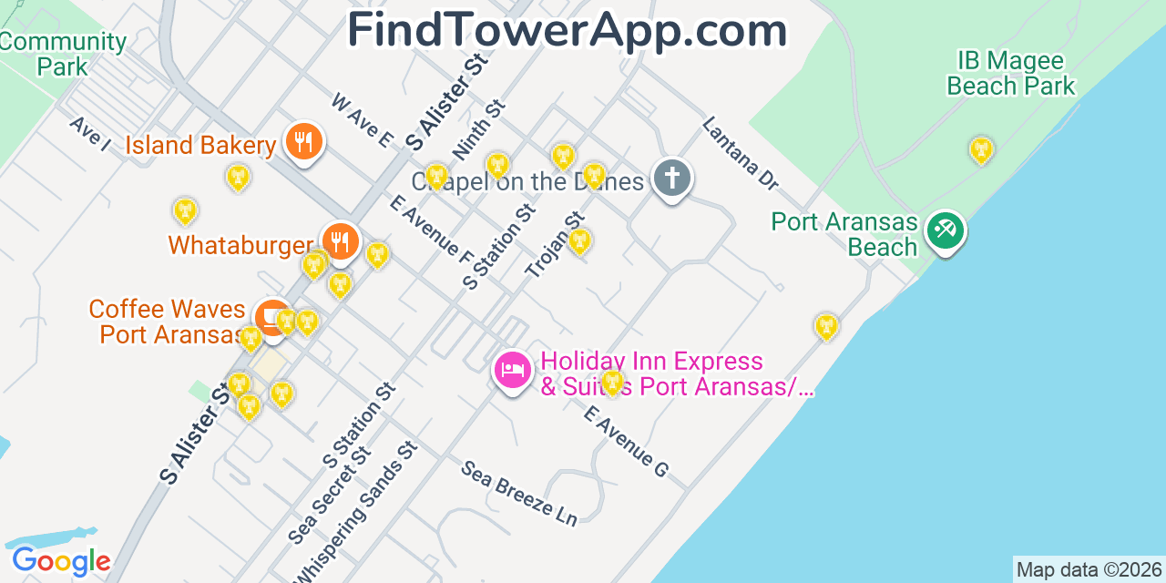 Map showing the 20 primary cell tower locations detected in Port Aransas, Texas from AT&T, Verizon, and T-Mobile networks