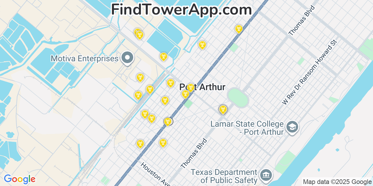 Map showing the 20 primary cell tower locations detected in Port Arthur, Texas from AT&T, Verizon, and T-Mobile networks