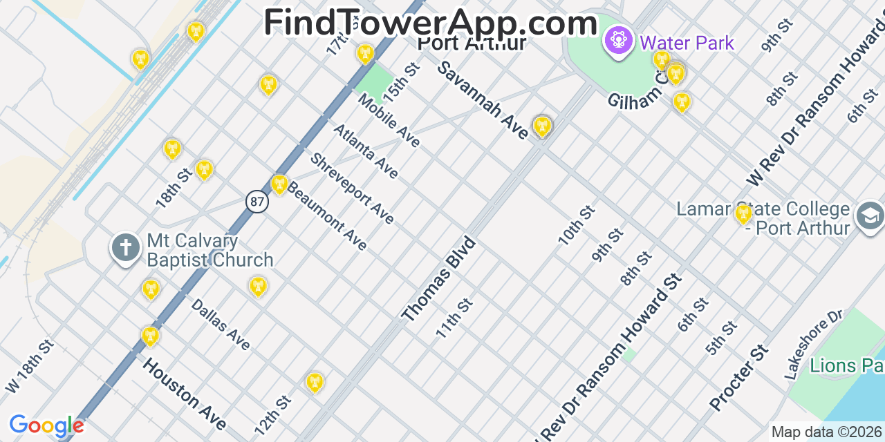 Map showing the 20 primary cell tower locations detected in Port Arthur, Texas from AT&T, Verizon, and T-Mobile networks