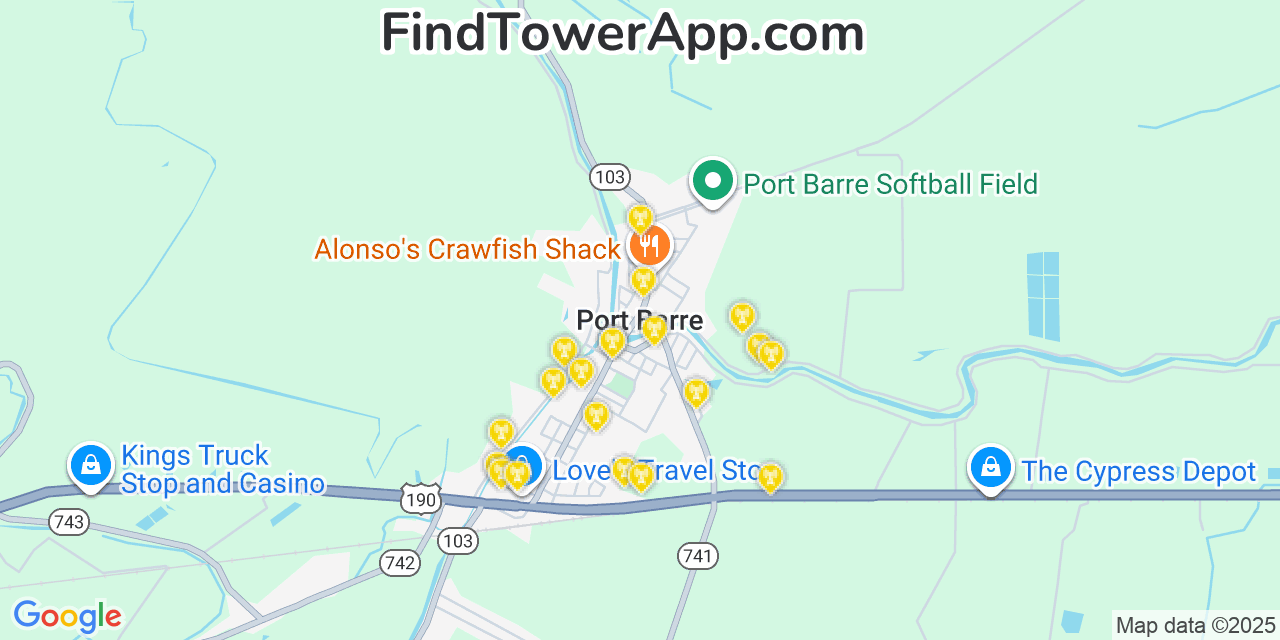 Map showing the 20 primary cell tower locations detected in Port Barre, Louisiana from AT&T, Verizon, and T-Mobile networks