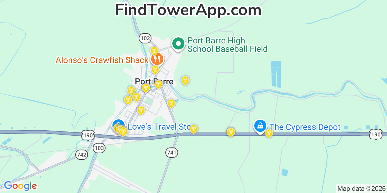 Map showing the 20 primary cell tower locations detected in Port Barre, Louisiana from AT&T, Verizon, and T-Mobile networks